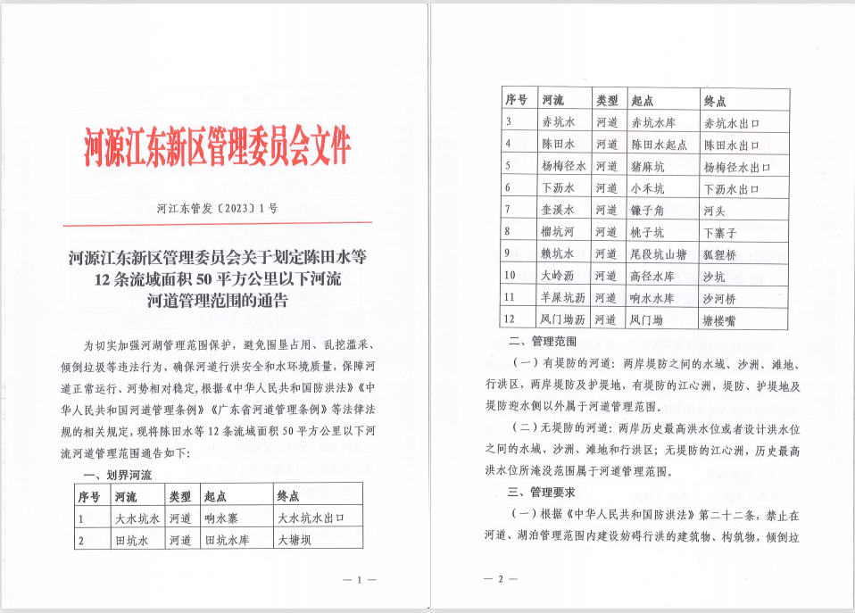 河源江东新区管理委员会关于划定陈田水等12条流域面积50平方公里以下河流河道管理范围的通告（1）.jpg